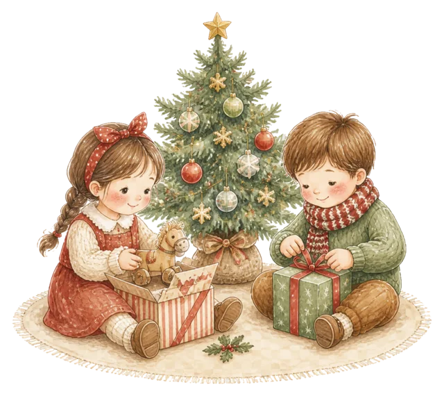 ツリーのそばで贈り物を開ける子どもを描いた水彩絵本タッチの子どものクリスマスイラスト