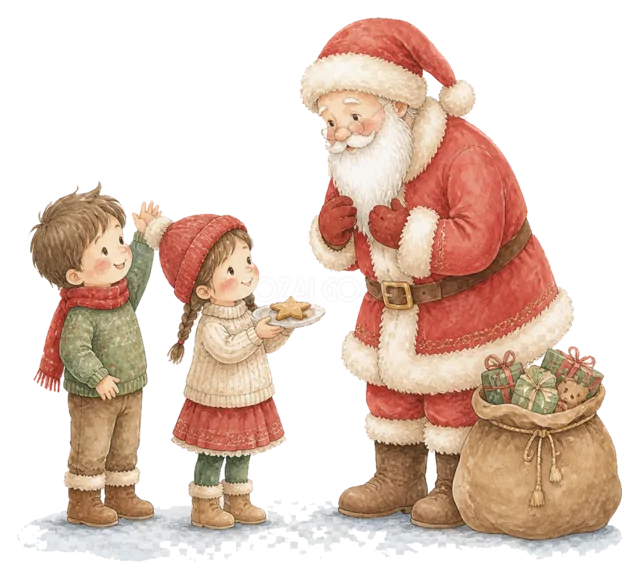 サンタからプレゼントを受け取る子どもを描いた水彩絵本タッチの子どものクリスマスイラスト