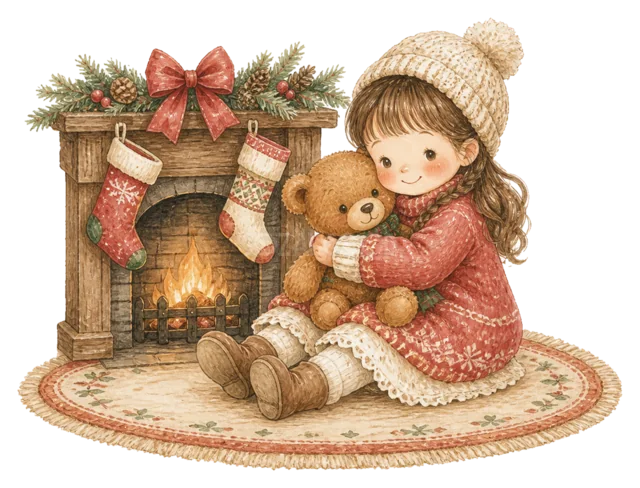 暖炉のそばでテディベアを抱く女の子を描いた水彩絵本タッチの子どものクリスマスイラスト