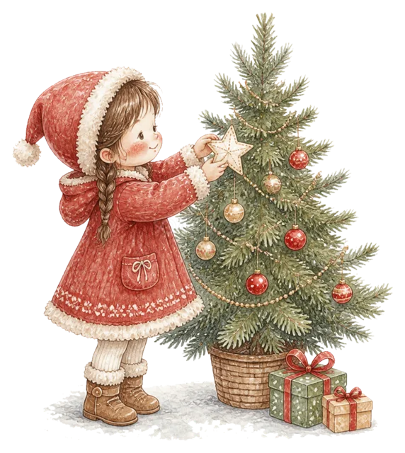 オーナメントを飾る女の子を描いた水彩絵本タッチの子どものクリスマスイラスト