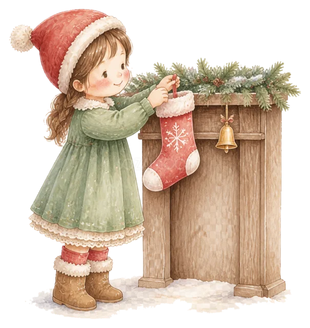 暖炉に靴下を飾る女の子を描いた水彩絵本タッチの子どものクリスマスイラスト