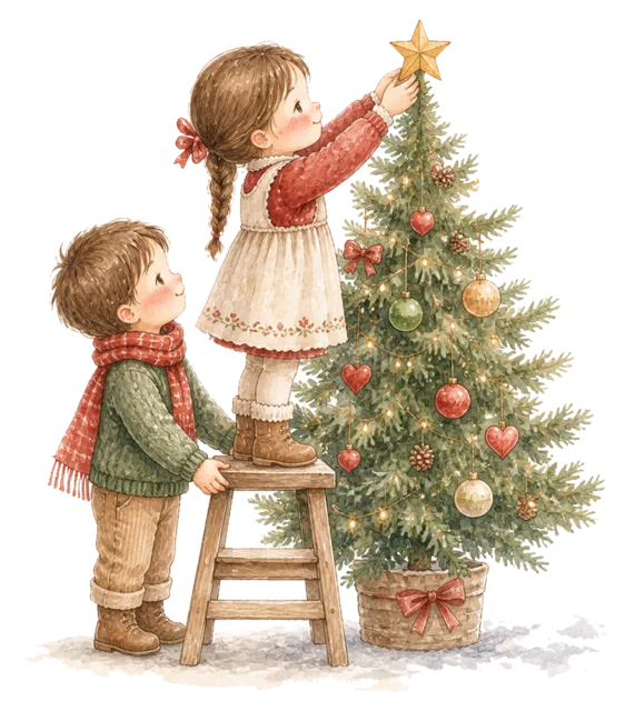 はしごでツリーを飾る子どもたちを描いた水彩絵本タッチの子どものクリスマスイラスト