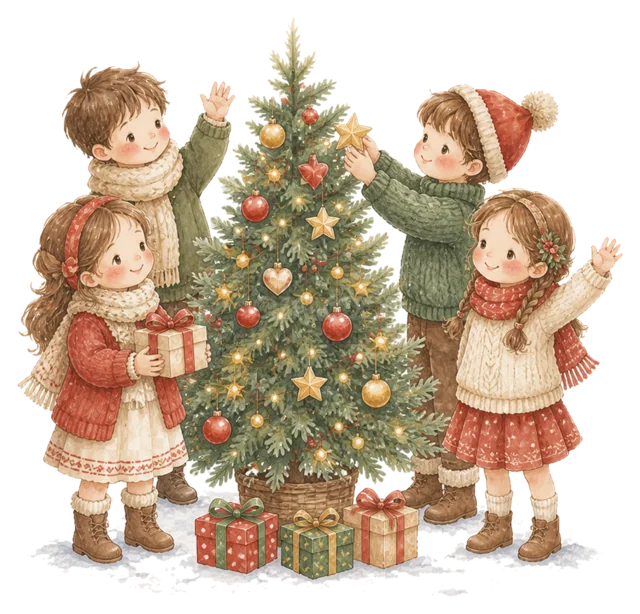 大きなツリーを囲む子どもたちを描いた水彩絵本タッチの子どものクリスマスイラスト