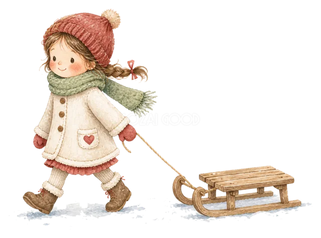 そりを引く女の子を描いた水彩絵本タッチの子どものクリスマスイラスト