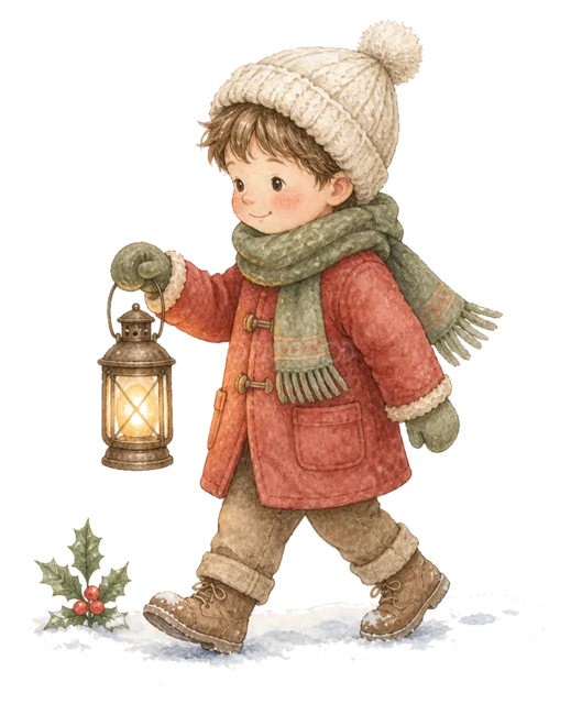 ランタンを持つ子どもを描いた水彩絵本タッチの子どものクリスマスイラスト