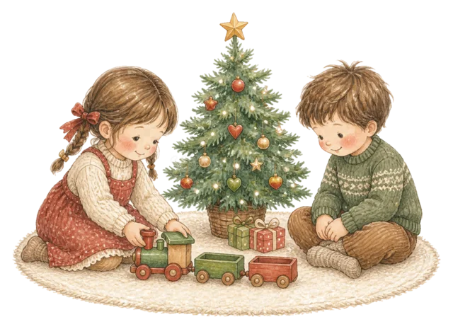 ツリーのそばで汽車遊びする子どもを描いた水彩絵本タッチの子どものクリスマスイラスト