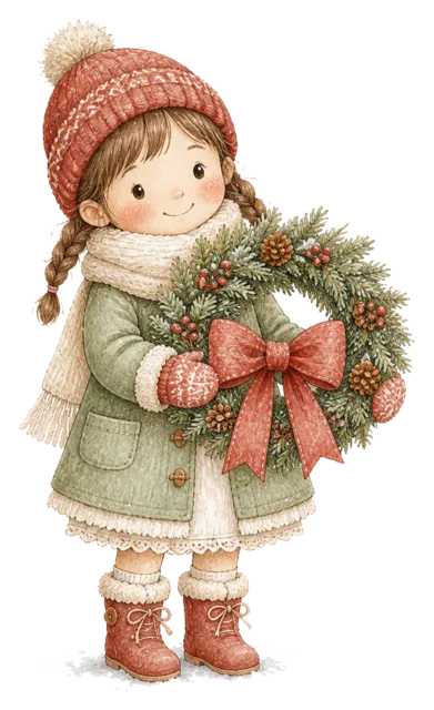 リースを持つ女の子を描いた水彩絵本タッチの子どものクリスマスイラスト