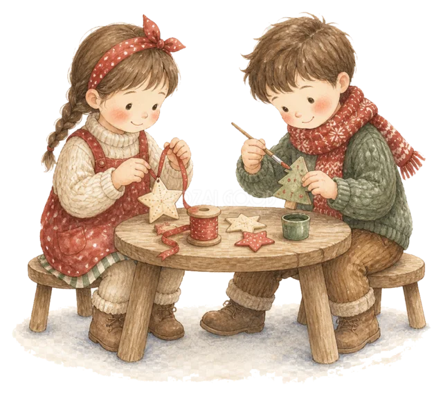 クッキーを飾る子どもたちを描いた水彩絵本タッチの子どものクリスマスイラスト