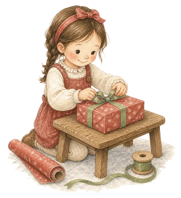 プレゼントを包む女の子を描いた水彩絵本タッチの子どものクリスマスイラスト
