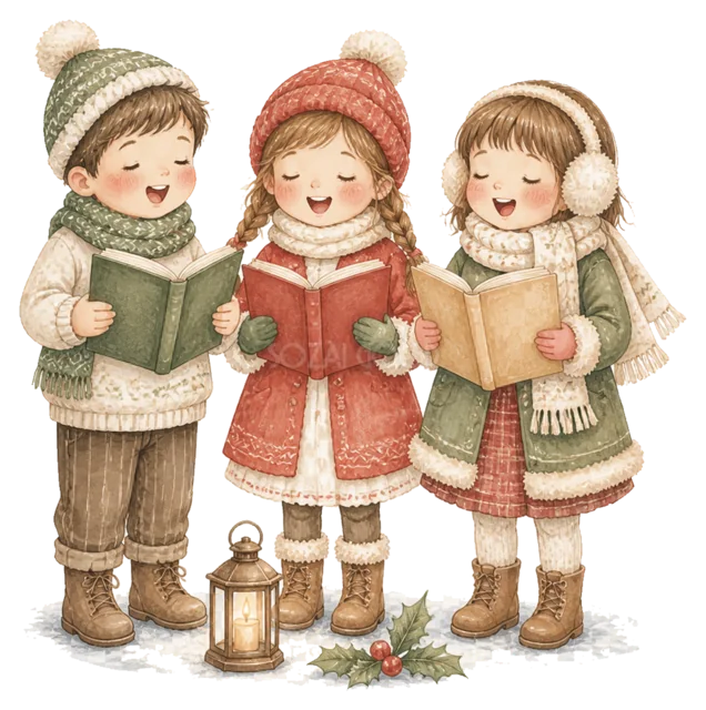 クリスマスソングを歌う子どもたちを描いた水彩絵本タッチの子どものクリスマスイラスト