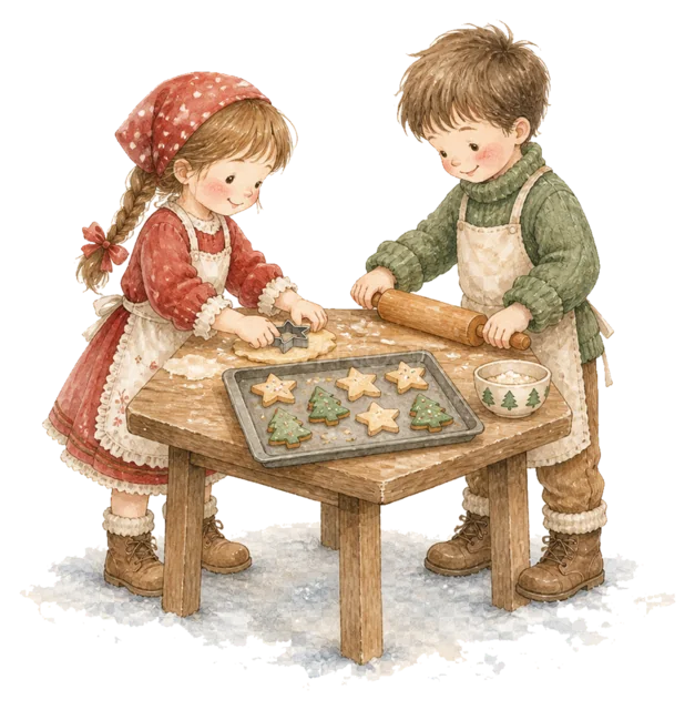 お菓子を焼く子どもたちを描いた水彩絵本タッチの子どものクリスマスイラスト