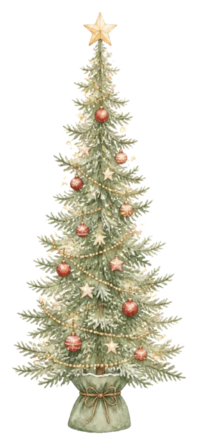 細身でシンプルなツリーを描いた水彩絵本タッチのクリスマスツリーイラスト