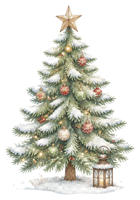 雪のツリーとランタンを描いた水彩絵本タッチのクリスマスツリーイラスト