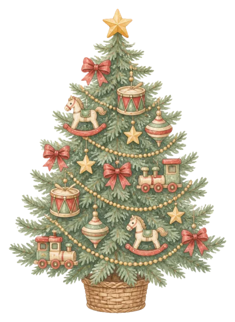 音楽とおもちゃのオーナメントツリーを描いた水彩絵本タッチのクリスマスツリーイラスト