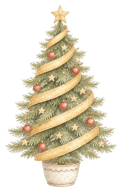 金色のリボンを巻いたツリーを描いた水彩絵本タッチのクリスマスツリーイラスト