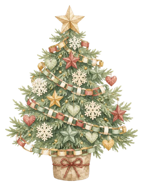白いリボンと雪の結晶のツリーを描いた水彩絵本タッチのクリスマスツリーイラスト