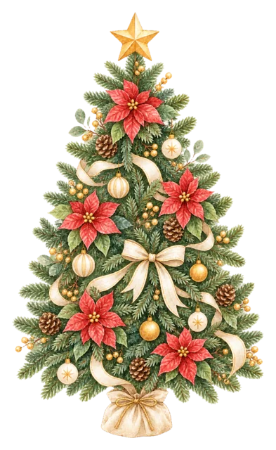 ポインセチアを飾ったツリーを描いた水彩絵本タッチのクリスマスツリーイラスト