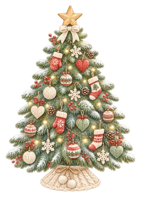 パステルカラーのオーナメントツリーを描いた水彩絵本タッチのクリスマスツリーイラスト