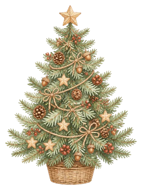 木と雪の結晶のオーナメントツリーを描いた水彩絵本タッチのクリスマスツリーイラスト