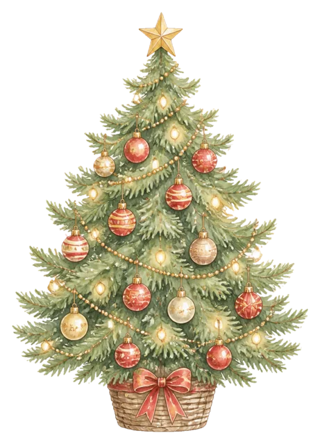 赤と金の王道オーナメントツリーを描いた水彩絵本タッチのクリスマスツリーイラスト