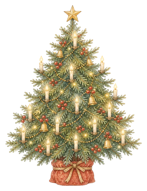 キャンドルの灯るツリーを描いた水彩絵本タッチのクリスマスツリーイラスト