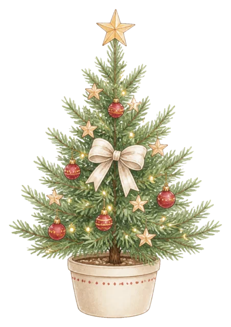 リボンを結んだ鉢植えツリーを描いた水彩絵本タッチのクリスマスツリーイラスト
