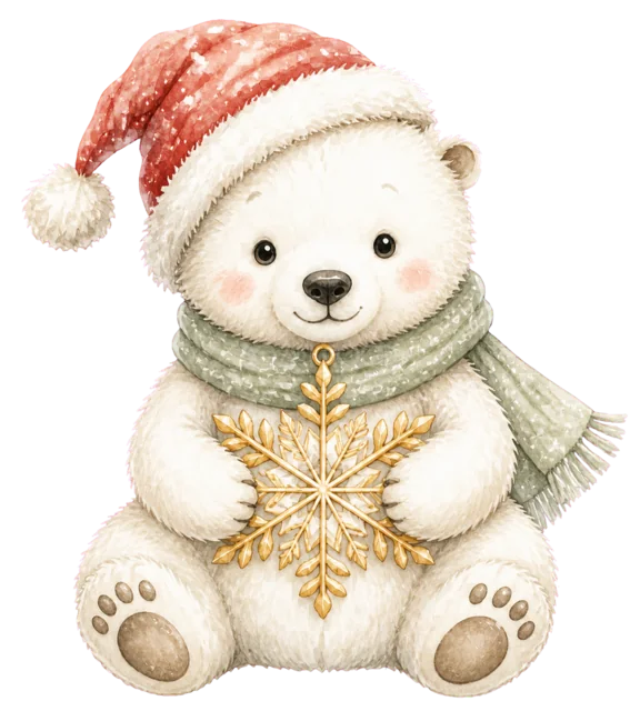 雪の結晶を持つ白くまを描いた水彩絵本タッチのクリスマス動物イラスト