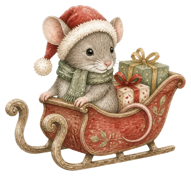 プレゼントのそりに乗るネズミを描いた水彩絵本タッチのクリスマス動物イラスト