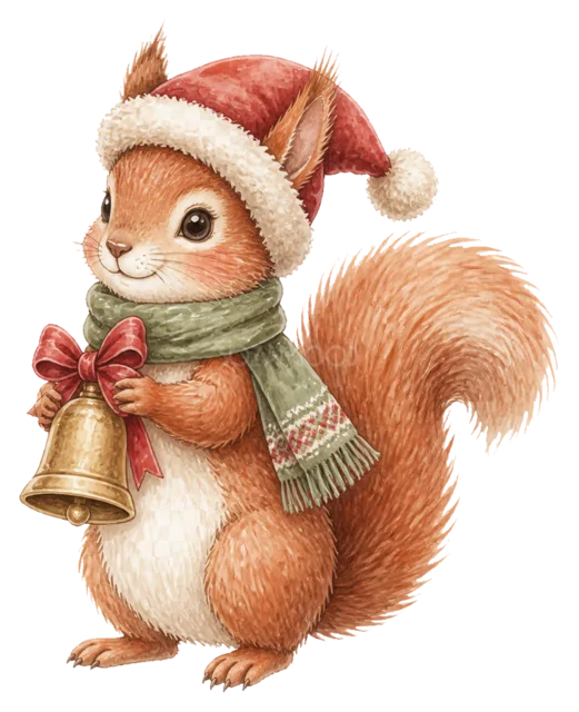 ベルを鳴らすリスを描いた水彩絵本タッチのクリスマス動物イラスト