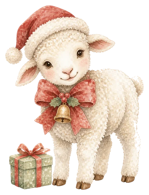 ベルと贈り物を持つ子羊を描いた水彩絵本タッチのクリスマス動物イラスト