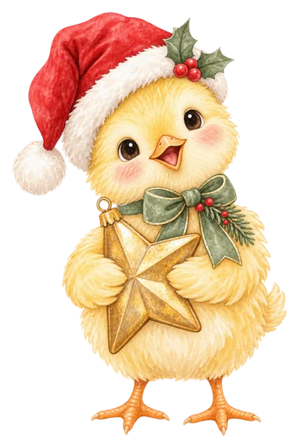 星を持つひよこを描いた水彩絵本タッチのクリスマス動物イラスト