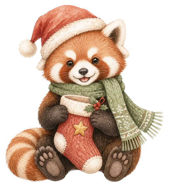 オーナメントを抱えるレッサーパンダを描いた水彩絵本タッチのクリスマス動物イラスト
