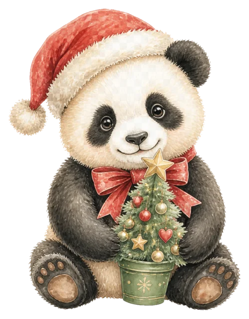 小さなツリーを持つパンダを描いた水彩絵本タッチのクリスマス動物イラスト