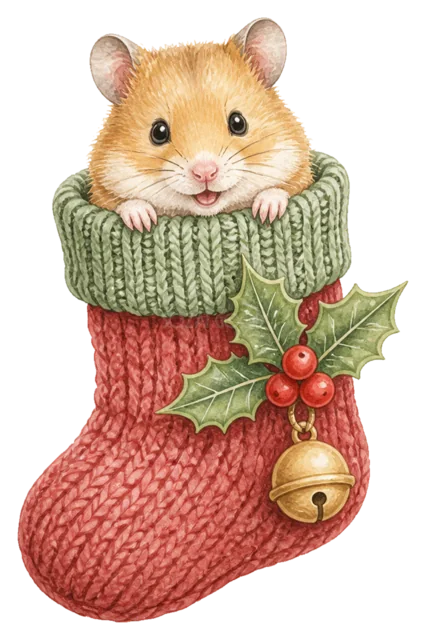 靴下に入ったハムスターを描いた水彩絵本タッチのクリスマス動物イラスト