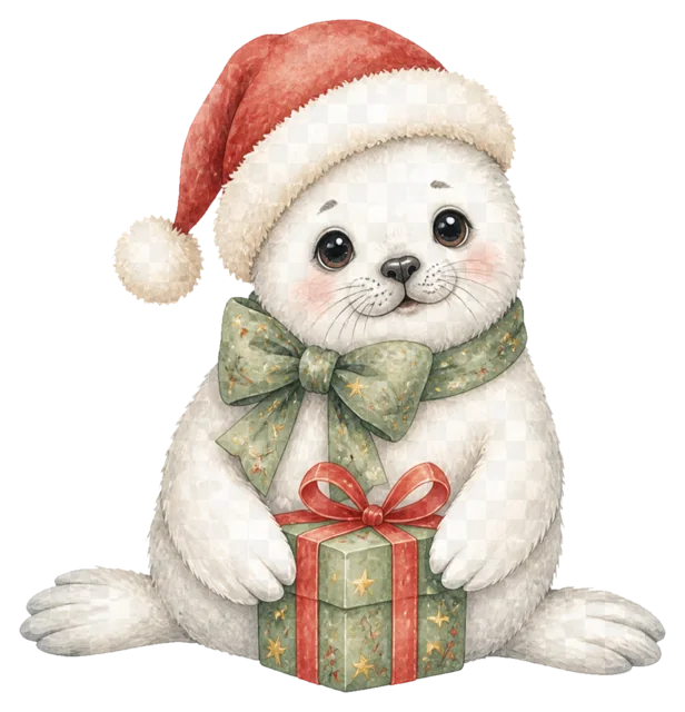 プレゼントを抱くアザラシを描いた水彩絵本タッチのクリスマス動物イラスト