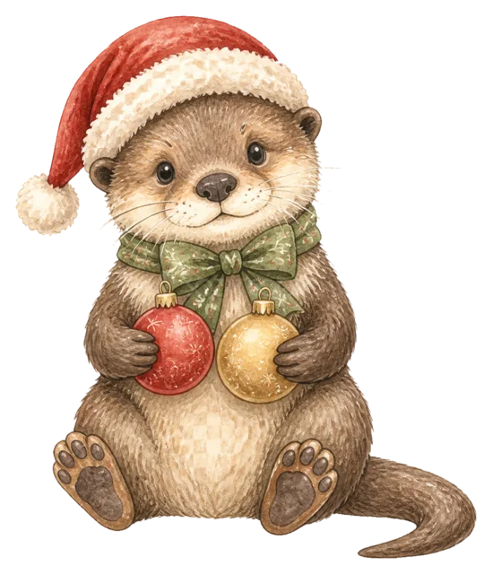 オーナメントを飾るカワウソを描いた水彩絵本タッチのクリスマス動物イラスト