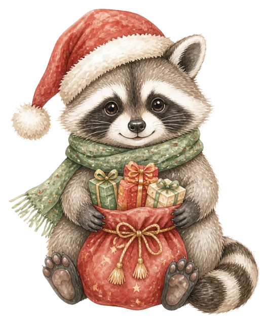 ギフト袋を持つアライグマを描いた水彩絵本タッチのクリスマス動物イラスト