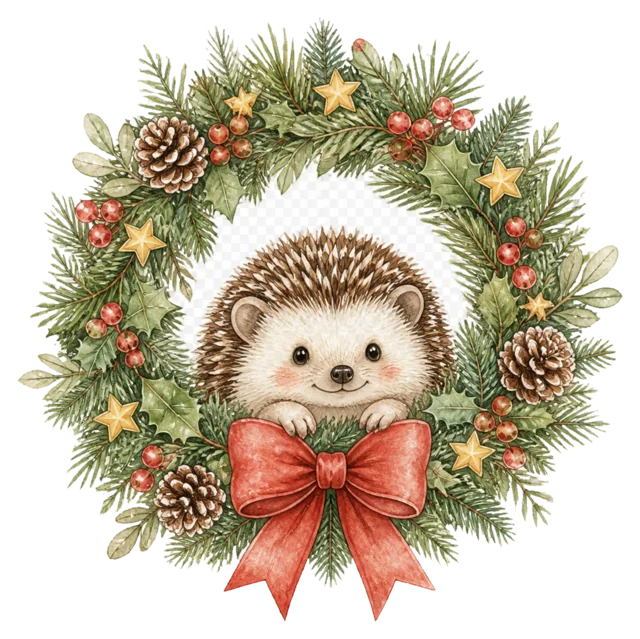 リースから顔を出すハリネズミを描いた水彩絵本タッチのクリスマス動物イラスト