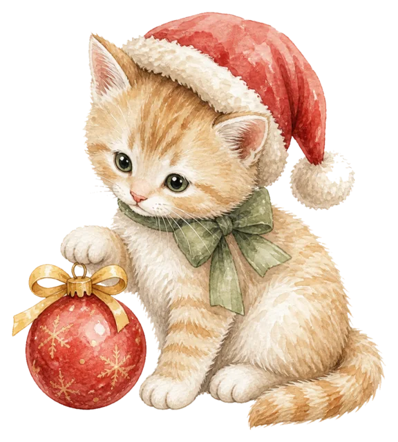 オーナメントを持つ子猫を描いた水彩絵本タッチのクリスマス動物イラスト