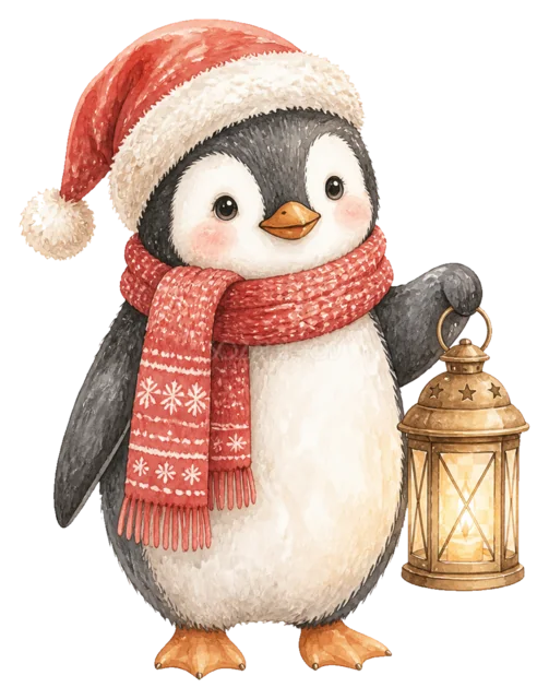 ランタンを持つペンギンを描いた水彩絵本タッチのクリスマス動物イラスト