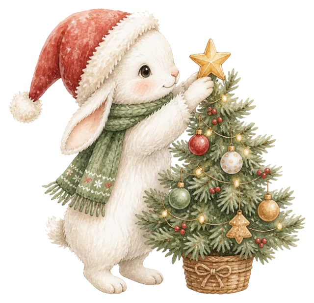 ツリーを飾るうさぎを描いた水彩絵本タッチのクリスマス動物イラスト