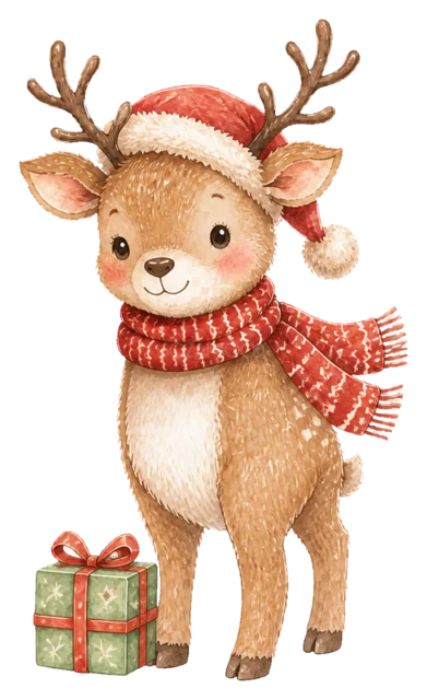 プレゼントを持つ子鹿を描いた水彩絵本タッチのクリスマス動物イラスト