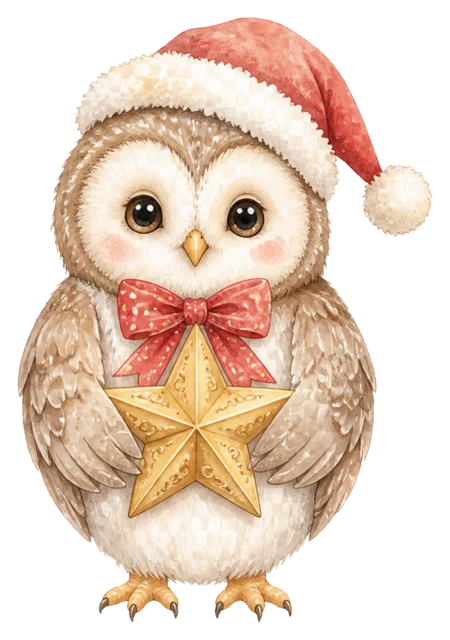 星を持つフクロウを描いた水彩絵本タッチのクリスマス動物イラスト