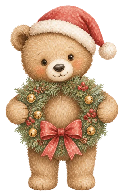 リースを抱える子ぐまを描いた水彩絵本タッチのクリスマス動物イラスト