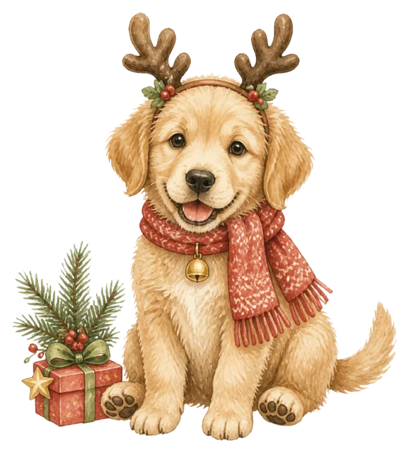 トナカイの角を着けた子犬を描いた水彩絵本タッチのクリスマス動物イラスト