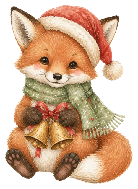ベルを持つきつねを描いた水彩絵本タッチのクリスマス動物イラスト