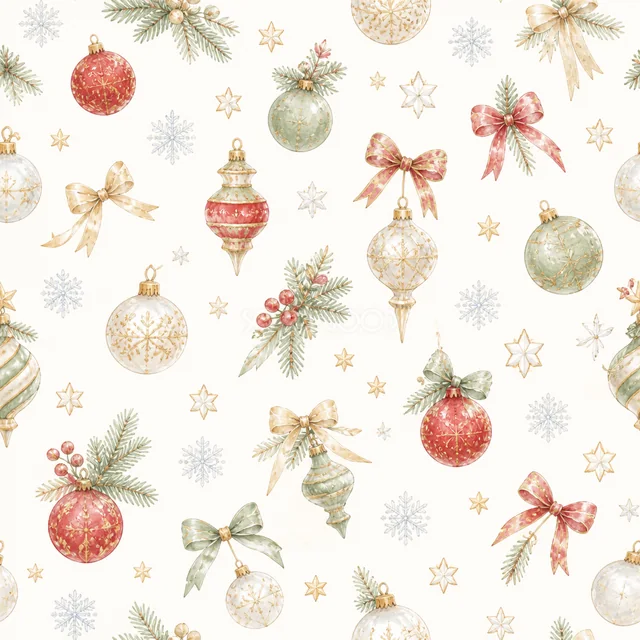 オーナメントとリボンを散りばめた水彩絵本タッチのクリスマス背景パターン