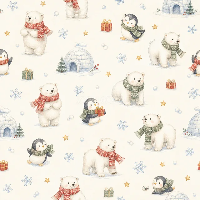白くまとペンギンと雪だるまを散りばめた水彩絵本タッチのクリスマス背景パターン