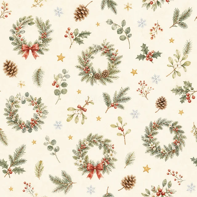ボタニカルなクリスマスリースを散りばめた水彩絵本タッチのクリスマス背景パターン