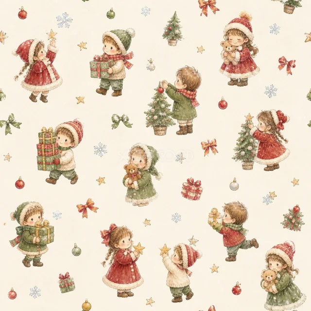 クリスマスを楽しむ子どもたちを散りばめた水彩絵本タッチのクリスマス背景パターン